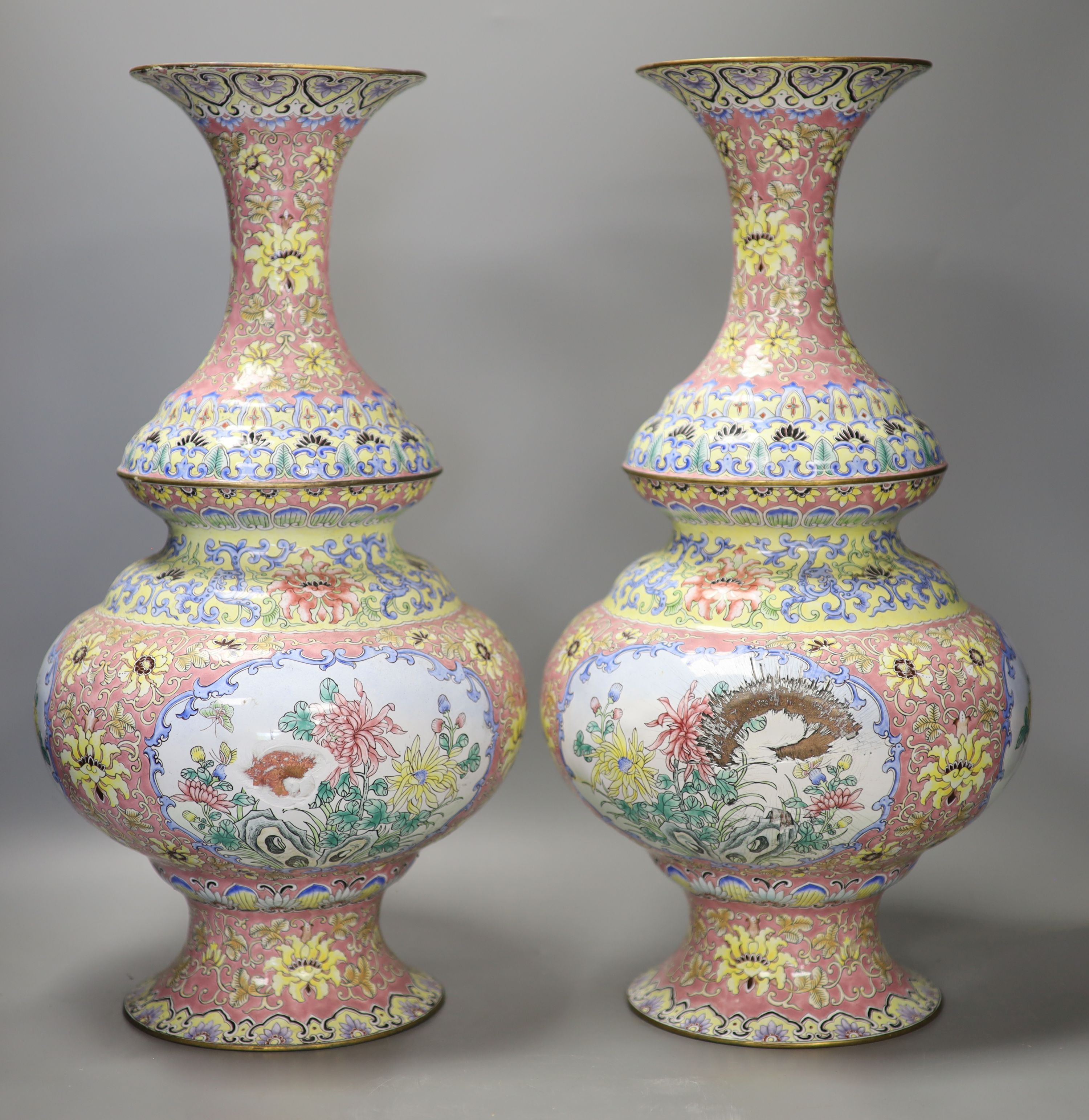 A pair of Chinese canton enamel vases, height 47cm